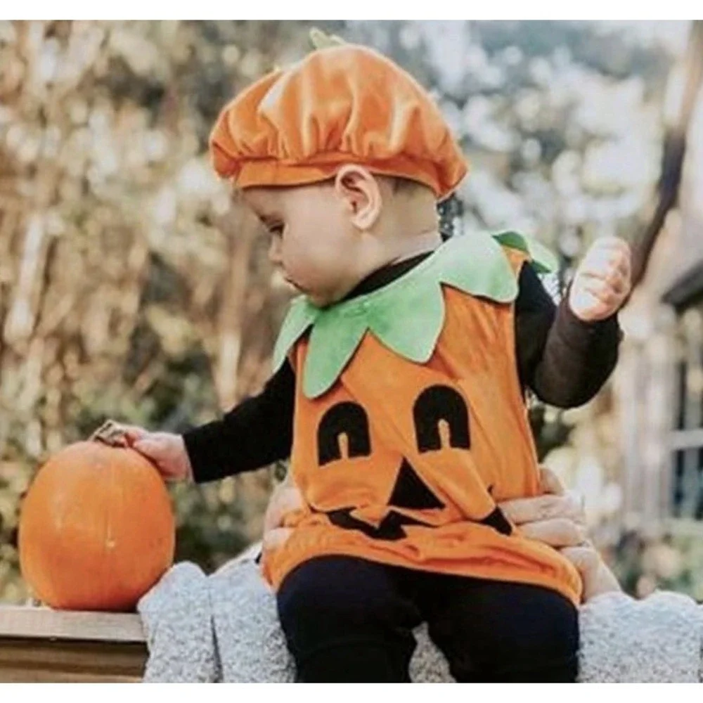 Pumpkin Baby Unisex Costume Pumpkin Romper Halloween DressUp Set Toddler Cosplay